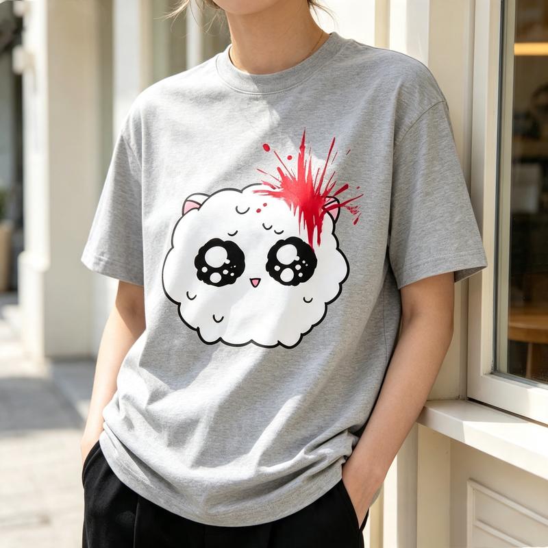 Kawaii Cartoon Face Print T Shirt Breathable Cotton Short Sleeve Unisex Trendy Streetwear Casual Top for Anime Style Fans