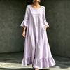 Women Round Neck Bell Sleeve Ruffle Hem Maxi Dress with Pockets Solid Color Casual Loose Fit Dress