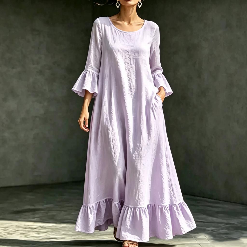 Women Round Neck Bell Sleeve Ruffle Hem Maxi Dress with Pockets Solid Color Casual Loose Fit Dress