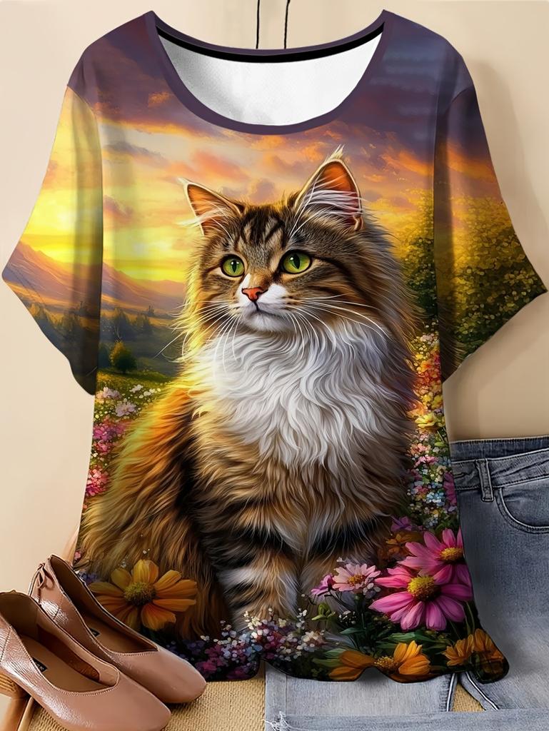 Summer Women 3D Printed Cat T-Shirt Cute Graphics Short Sleeves Tops Casual Fashion Tees O-Neck T-Shirts Oversize Woman Clothes