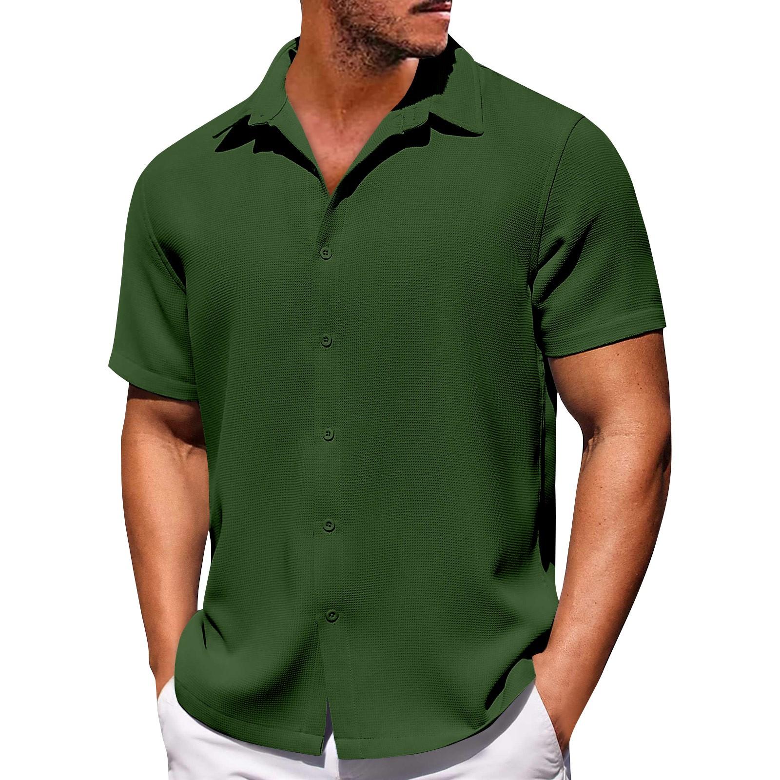 

Мужские однотонные рубашки с короткими рукавами на пуговицах. Мужские повседневные модные рубашки с короткими рукавами. L армия зеленый