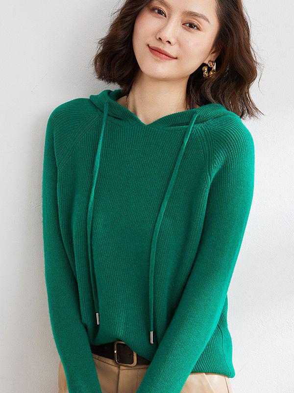 Women's Oversized Hooded Knit Sweater - Cozy Autumn/Winter Drawstring Pullover, Versatile Solid Color.