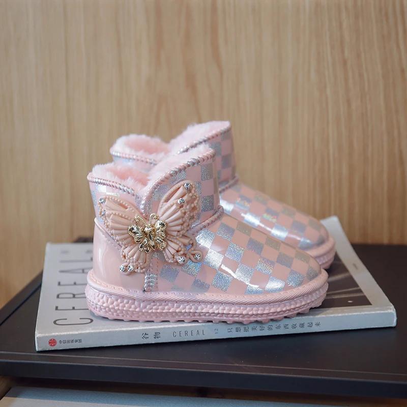 

Зимние детские зимние ботинки для девочек 2024 года, новые теплые утолщенные клетчатые металлические бабочки, милые принцессы, детские термоботинки по щиколотку 26 розовый