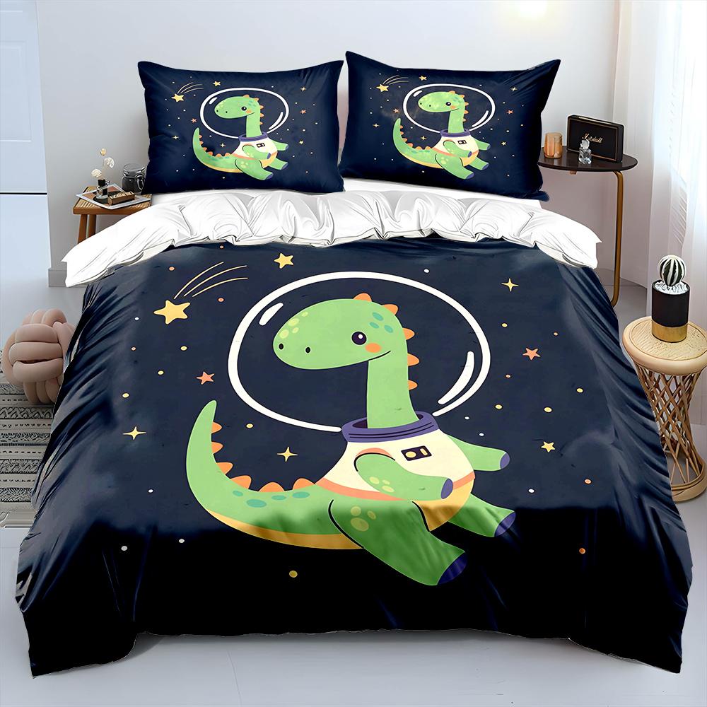 Space dinosaur with starry background Pattern Duvet Cover Set Digital Print Polyester Bedding with Zipper Closur for kids gift