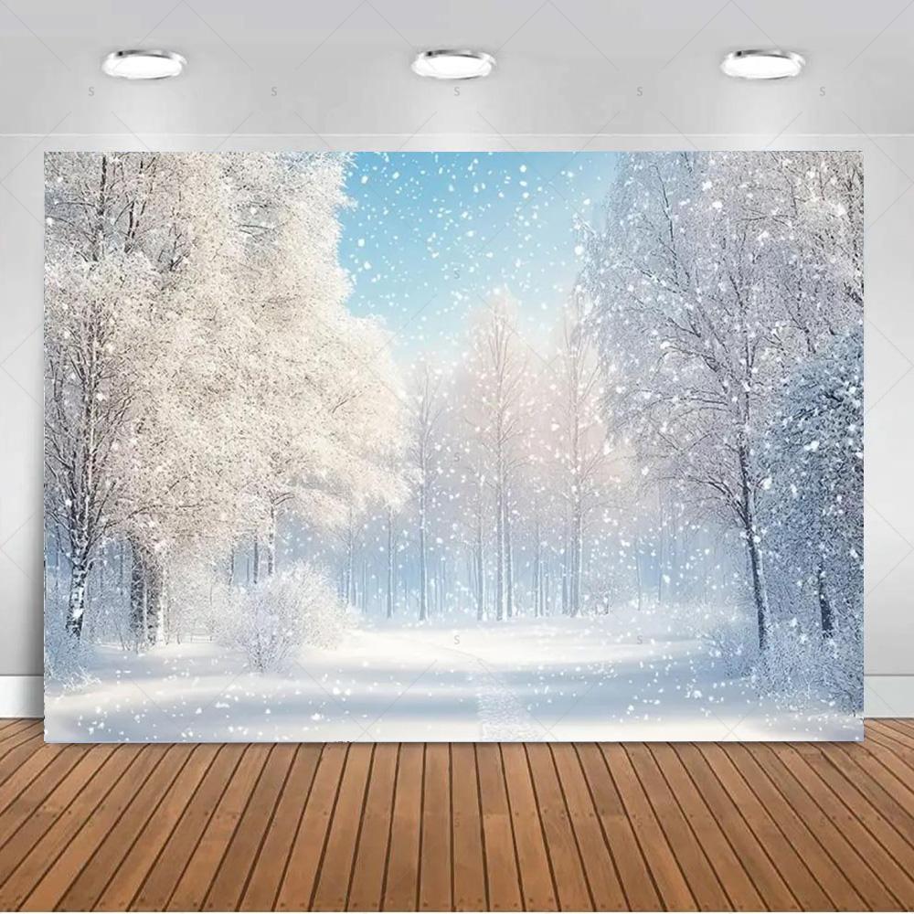 Paesaggio Invernale Scena di Neve Foresta Bianca Sfondo Fotografico Forniture Decorazioni Festa di Natale Striscione di Sfondo Oggetto di Scena per Foto