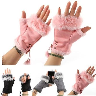 1pair New Fashion Women's Faux Rabbit Fur Hand Wrist Warmer Half Finger Gloves Winter Glove