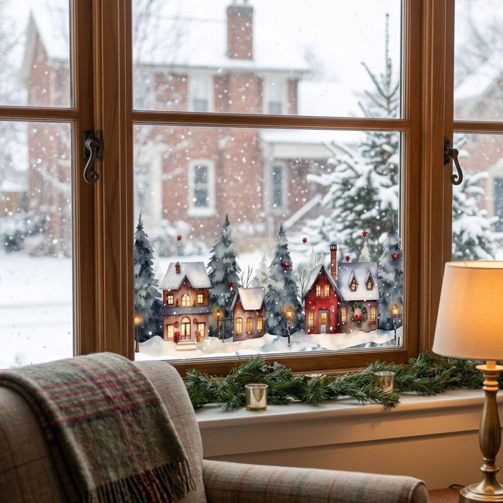 Static Adhesive Winter House Pine Tree Stickers Snow House Glass Stickers Window Display