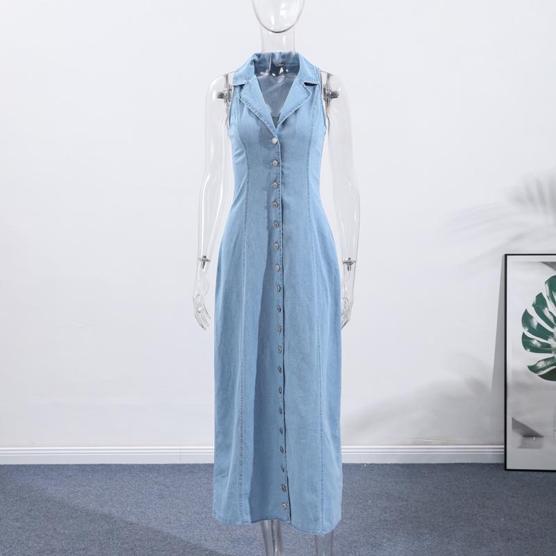 

Шикарное женское джинсовое платье-макси скинни синего цвета, лацканы, глубокий V-образный вырез, высокий разрез, без рукавов, на одной пуговице, с оборками, 2025, женское повседневное платье L синий