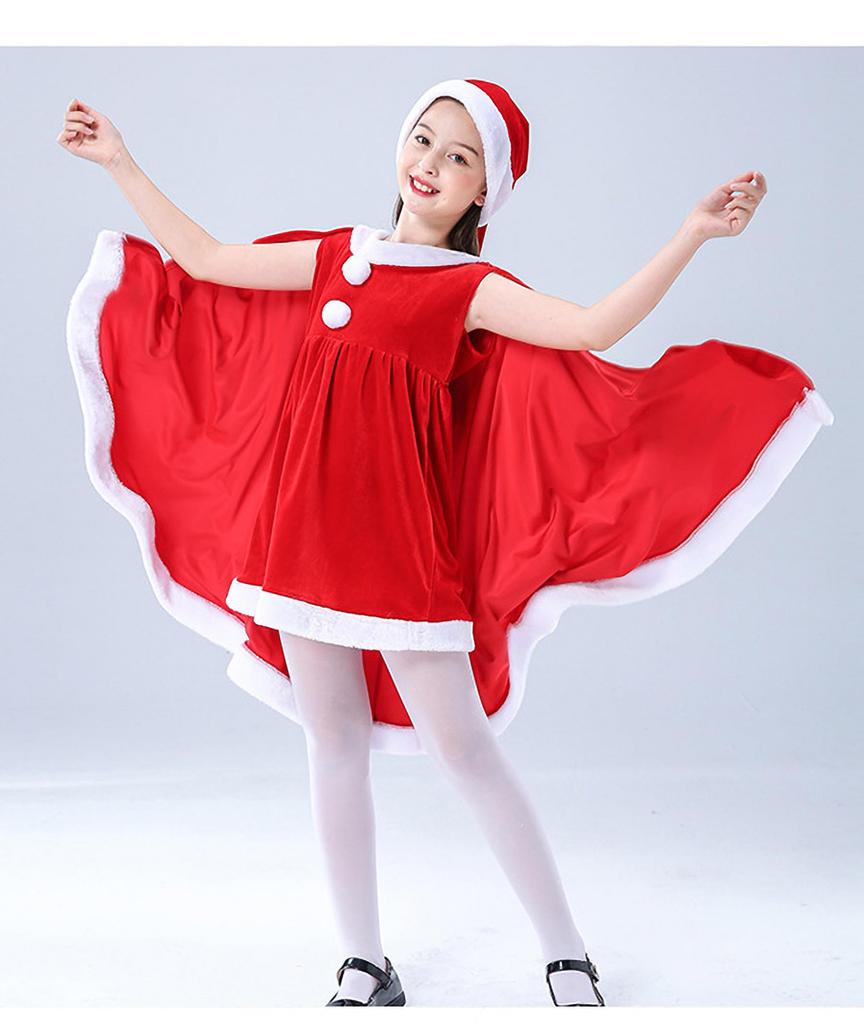 MiniAya Tomtekostym för Flickor, Juloutfit med Kappa och Hatt, Söt Röd och Grön Poncho, Fluffig Jultomtekostym för Flickor, Perfekt