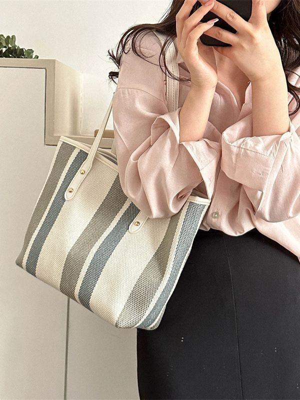 Large Capacity Striped Shoulder Bag Women Summer 2023 New Trendy Fashion Handbag Casual Tote Bag