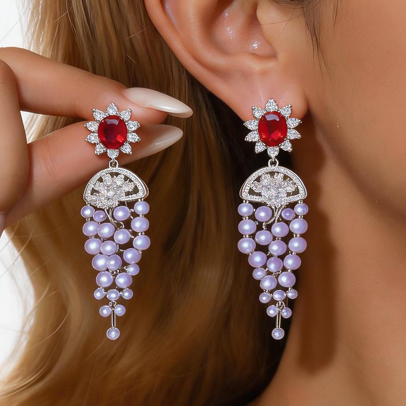 Gold-Plated Silver Zircon Flower Earrings with Tassel - High-End Vintage Style