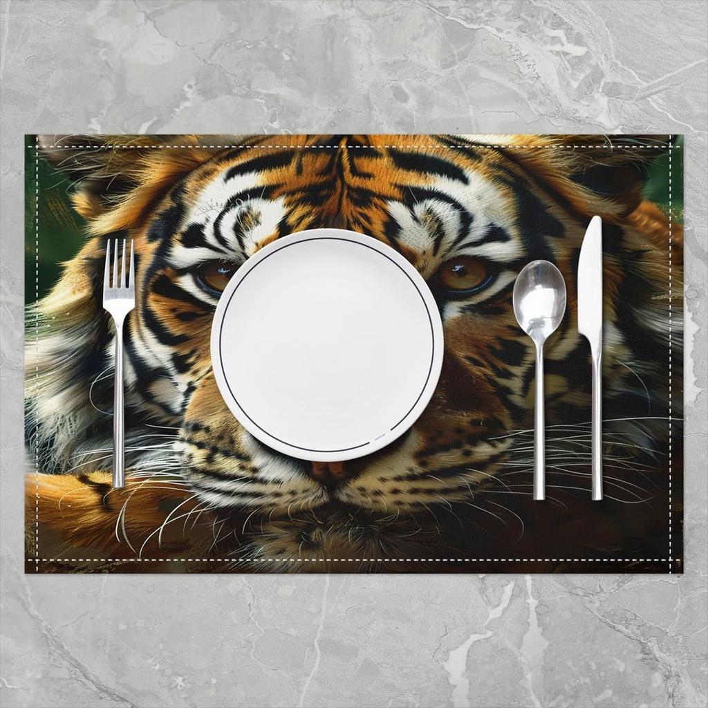 Tiger Placemats Set of 4 Wild Animal Decor Table Mats for Dining Table Seasonal Holiday Tiger Place Mats 12 X 18 Inch