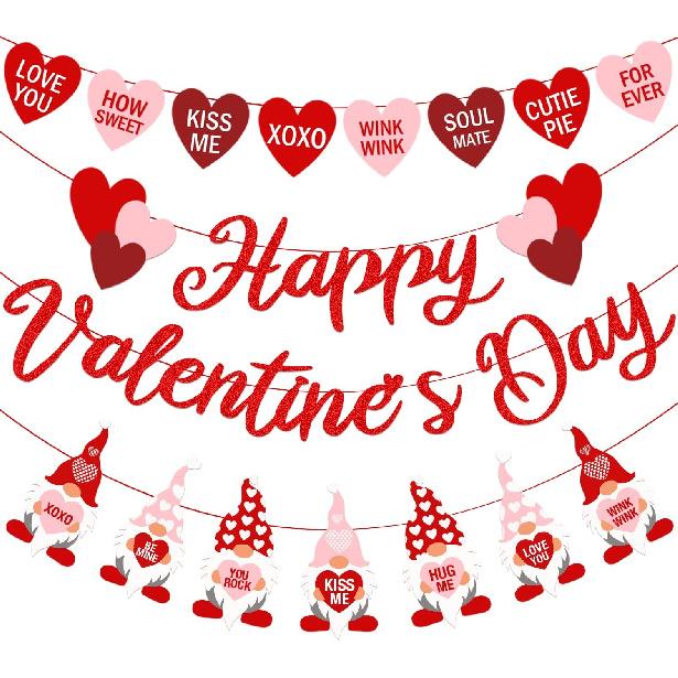Valentine s Day Garland Banner Including Glitter Happy Valentine s Day Banner, Valentines Gnomes Garland Banner, XOXO Heart Garland for Valentines