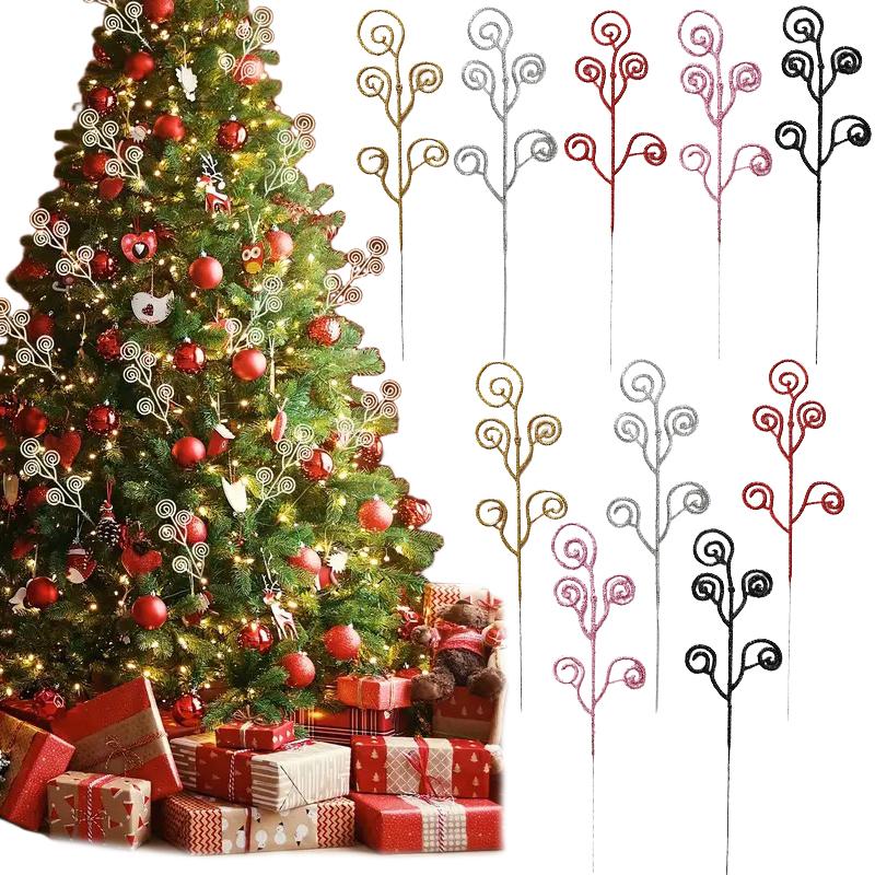 10 Stück/Set Lockiger Baum Pick Weihnachten Künstlicher Stiel Pick Hochzeit Spray Zweig Glitzer Baumdekoration Ornament Vasenfüller 5 Farben