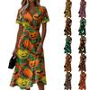 Women's Casual Short Sleeve V Neck Dress Halloween Print Midi Dress Elastic Waist Relaxed Fit Dress for Daily Wear