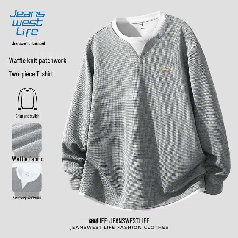 JEANSWEST LIFE Men s V-Neck Faux Two-Piece Waffle Texture Long Sleeve T-Shirt XL