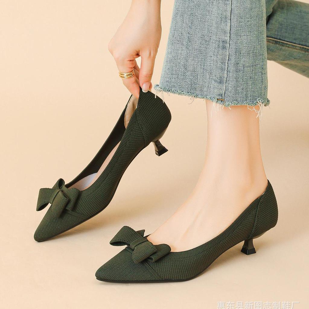 Dámské Velké Velikosti Jarní Jehlové Podpatky Boty se Špičatou Špičkou Letní Ležérní Mašle Jednobarevné Boty na Vysokém Podpatku 34-43