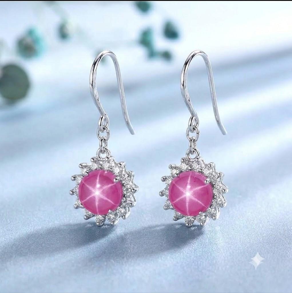 Pink Star Sapphire Earring With Moissanite Stone's 925 Sterling Silver, Flash Light Star Gemstone, Handmade Drop Earring, Birthstone Jewelry
