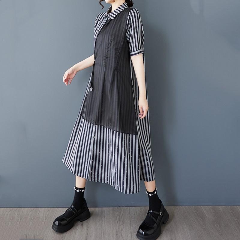 Short Sleeve Plus Size Vintage Stripe New In Dresses for Women Casual Loose Long Summer Shirt Dress