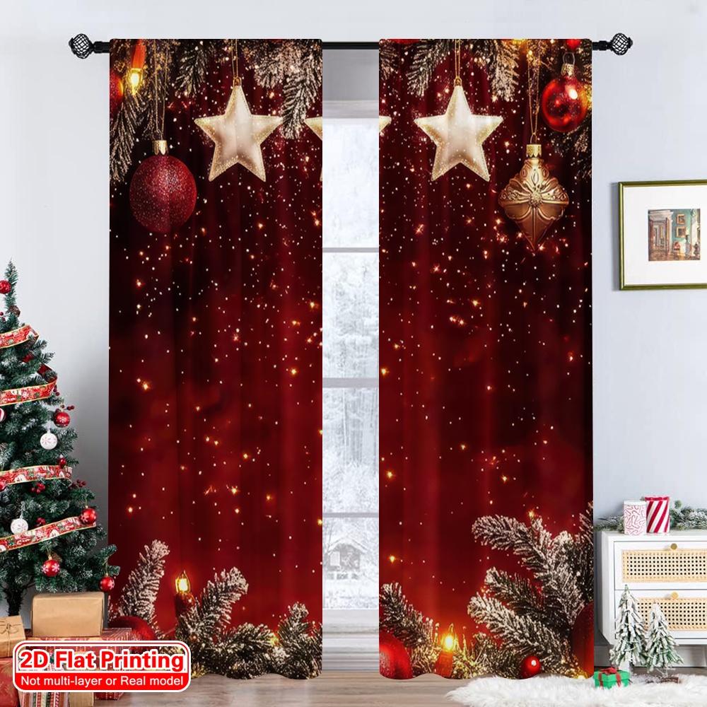 2pcs 2D Flat Printing Merry Christmas Scene Curtains Snowflake Red Christmas Ball Venus Happy New Year Polyester Without