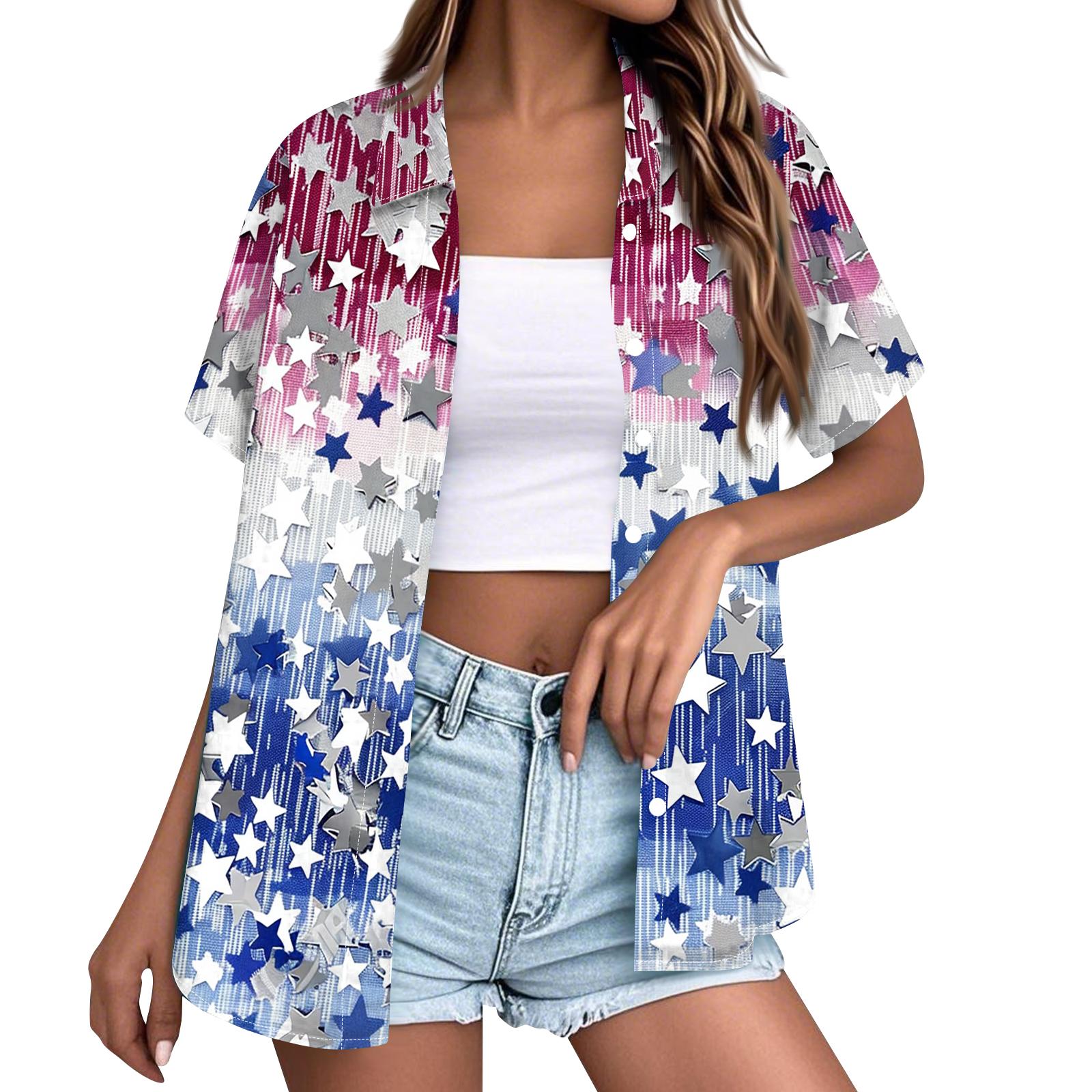 

Women s Fashion Casual Short Sleeve Button Lapel Shirt Tops L синий