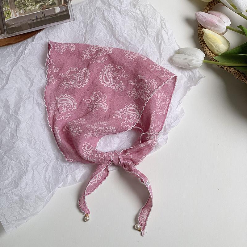 Triangle Scarf Scarf Female Retro Literary Floral Cotton and Linen Neck Protector Decorative Pearl Small Pendant Small Scarf Headband