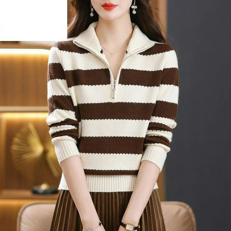 Women s Striped Bottoming Zipper Sweater Loose Lapel Top 4XL кофейный
