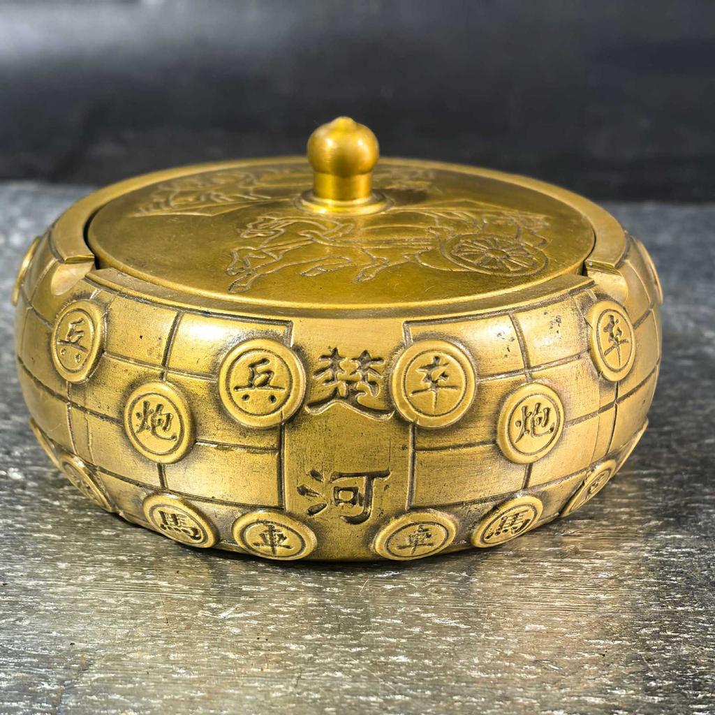 Pure brass dragon and phoenix with lid, treasure bowl ashtray, home living room office decoration