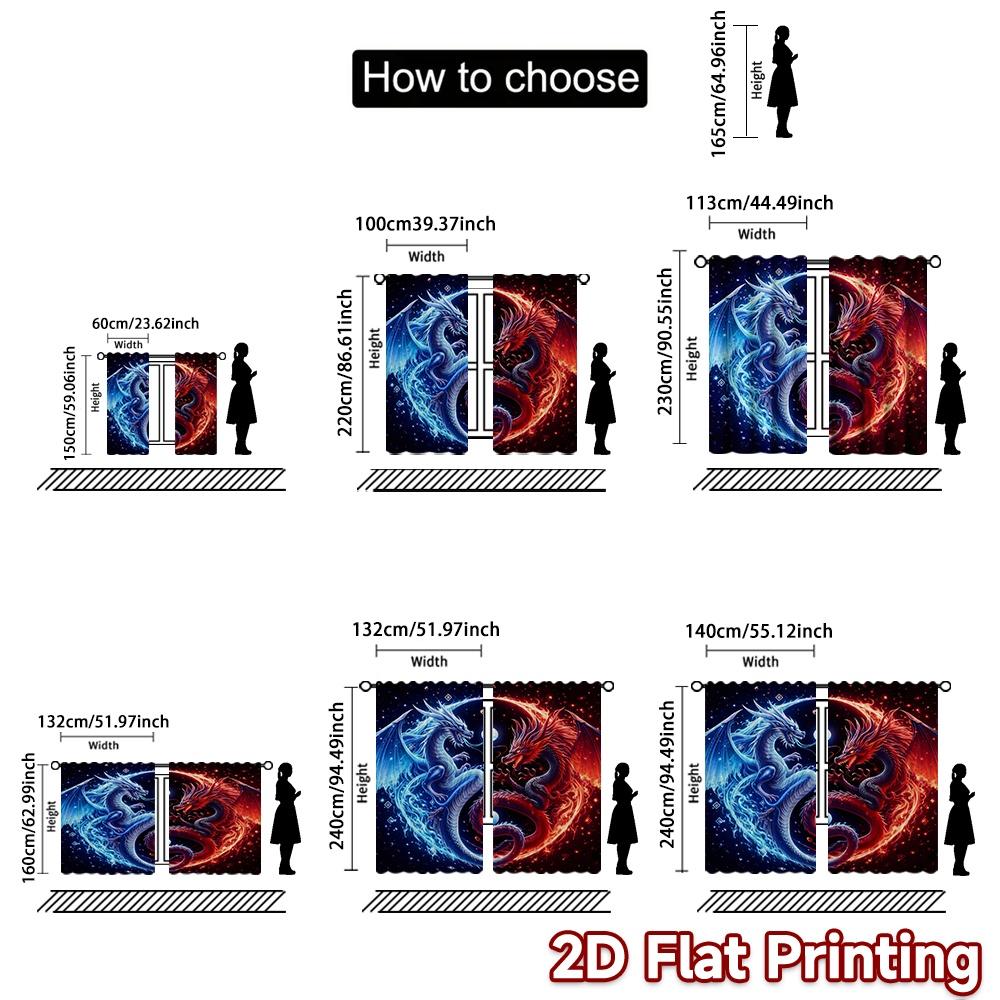 2D FLAT PRINTING 2pcs Curtains (Without Rod) Dual Dragon Clash Creative Modern Curtains Machine Washable Fabric Curtains Weet