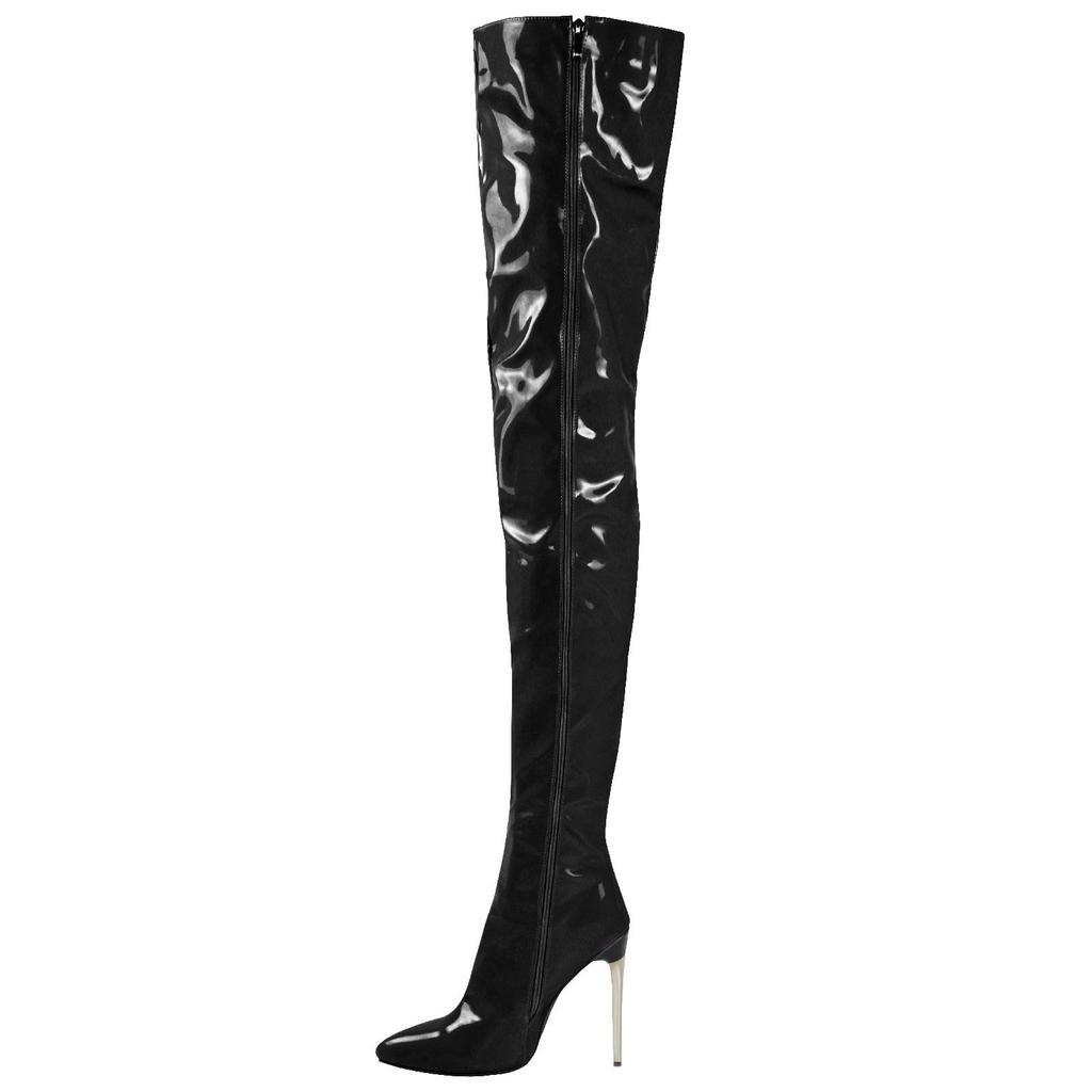 Kniehohe Stiefel Lackleder Europäisch und Amerikanisch Neu Metall Feine Absätze Mode Fried Street Große Größe