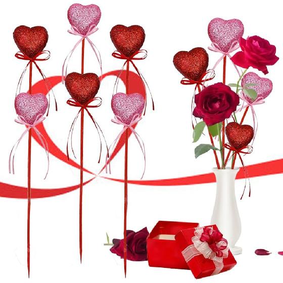 12Pcs Valentine's Day Glitter Red Pink Puffy Heart Picks Foam Heart Picks Sparkly Sticks for Wedding Flower Arrangements Floral Bouquet Home Holiday