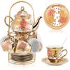20 Pcs Porcelain Tea Set with Metal Holder and Spoon Adult Ceramic Tea Party Set European Flower Painting Teapot Cup Saucer