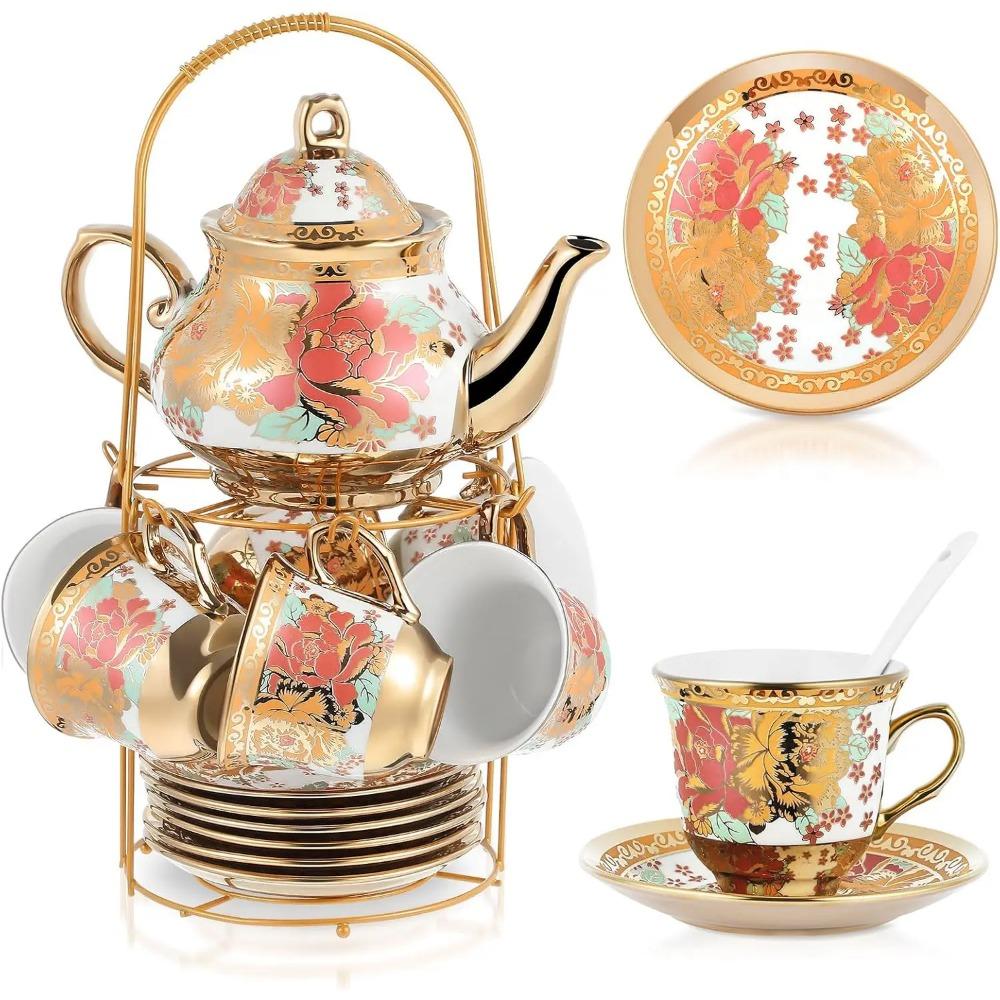 20 Pcs Porcelain Tea Set with Metal Holder and Spoon Adult Ceramic Tea Party Set European Flower Painting Teapot Cup Saucer