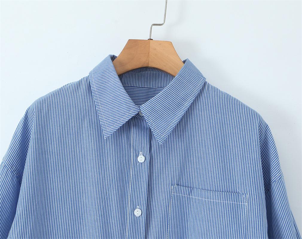 Korean Retro Striped Long-Sleeve Shirt & Strapless Camisole with Loose Wide-Leg Casual Pants for Women