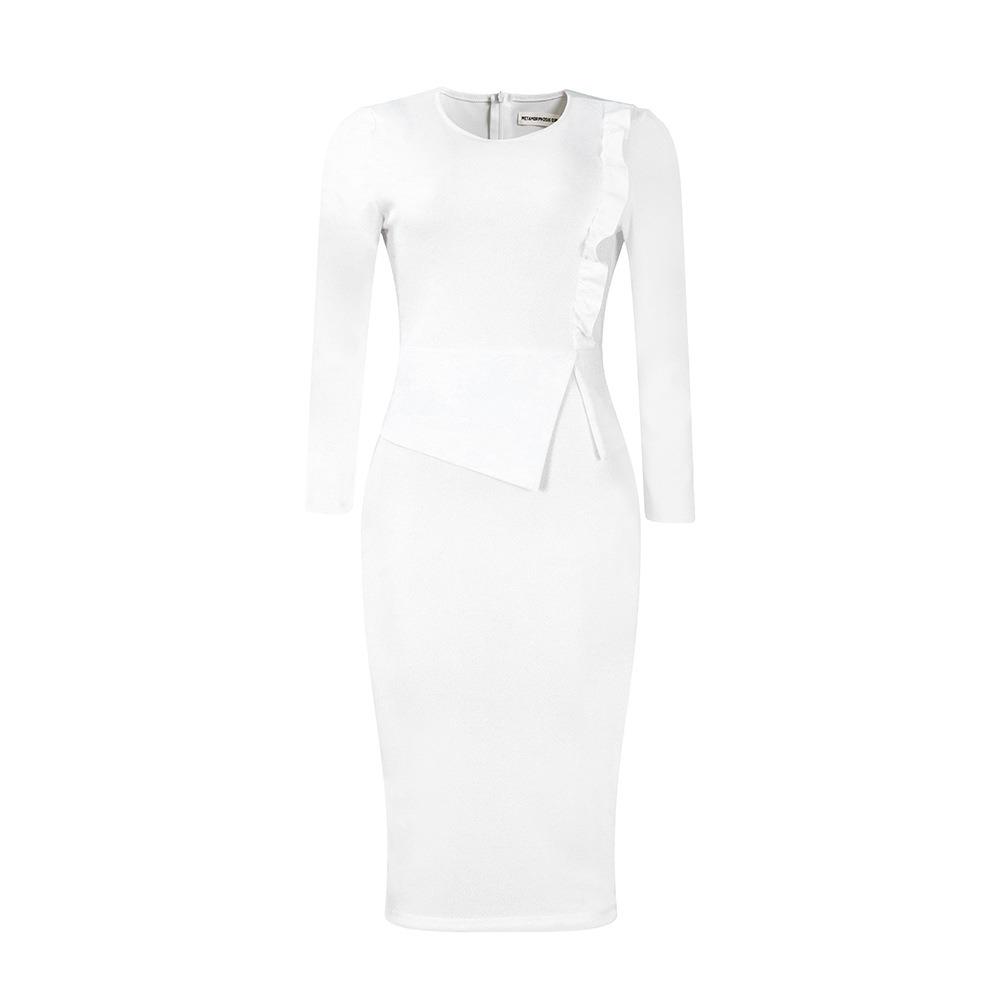 Women's Round Neck Long Sleeve Peplum Midi Dress Slim Fit High Waist Elegant Pencil Dress