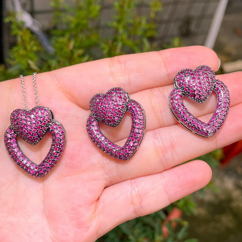 Popular Jewelry Peach Heart Shape Micro-Inlaid Zircon Set Chain Love Stud Earrings Necklace Full Of Diamonds Two-Piece Set