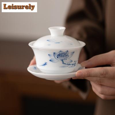 150ml Ice Jade Hand-painted Lotus Gaiwan Traditional Tea Tureen Tea Bowl With Lid Kit Tea Making Cover Bowl Drinkware Collection