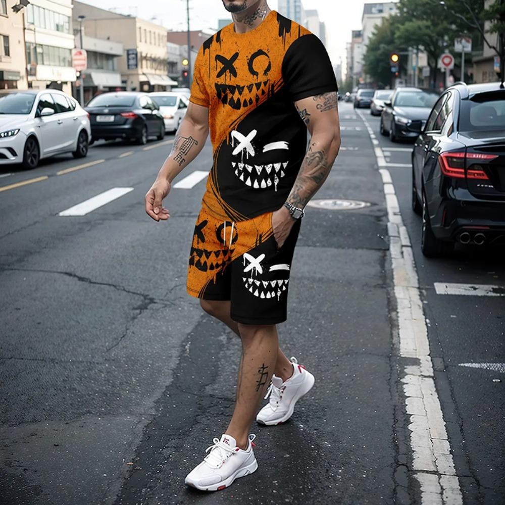 3D Demon Face Print Men Short Sleeve T-Shirt Shorts Two Piece Sets Hip Hop Trend Harajuku Streetwear Summer Casual Outfit