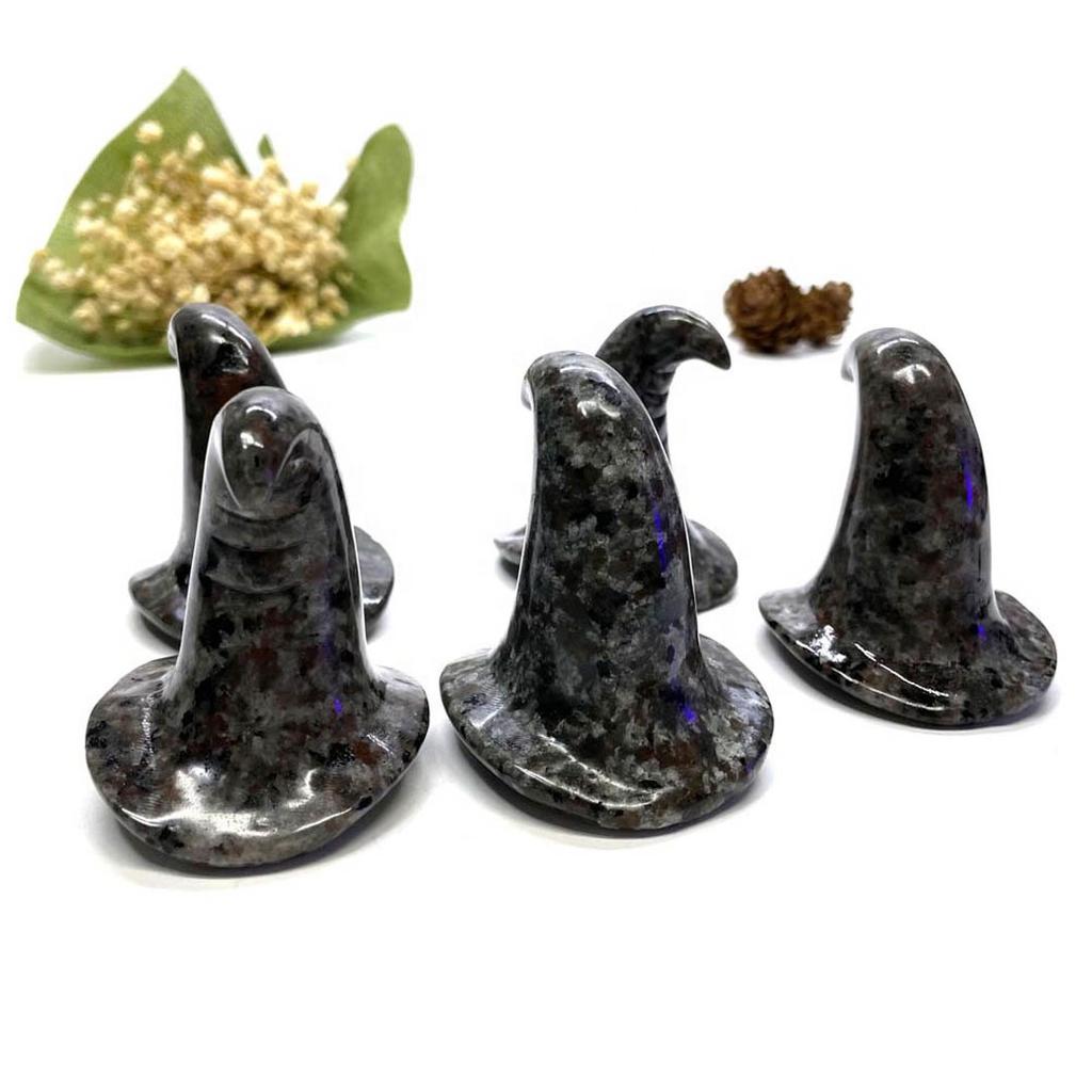 Natural Crystal Hand Carved Yooperlite Halloween Witch Hat Flame's Healing Stones Meditation Crystal Wizard Hat
