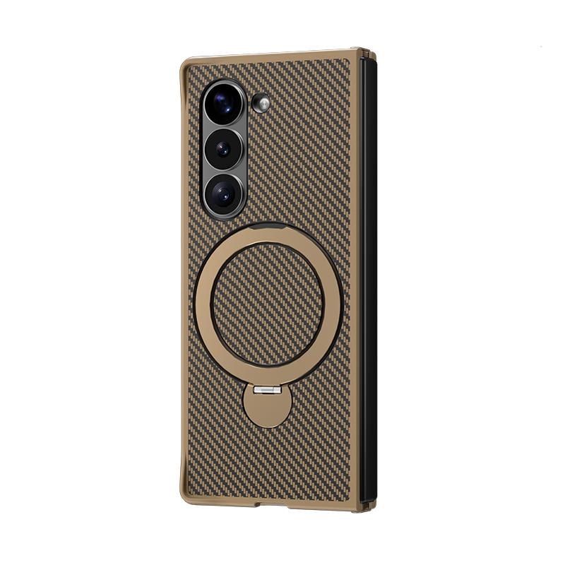 Carbon Fiber Leather Rotating Ring Bracket Phone Case for Samsung Galaxy Z Fold 6 5 4 Fold6 Fold5 Fold Protective Cover