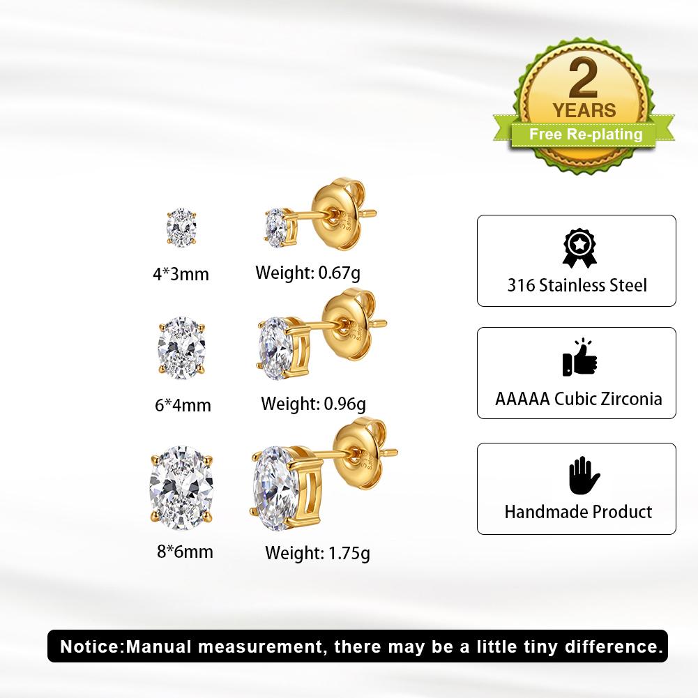 Handcrafted Dainty Oval AAAAAA Cubic Zirconia Stud Charm Earrings 316 Stainless Steel Multi Size Women Ear Jewelry
