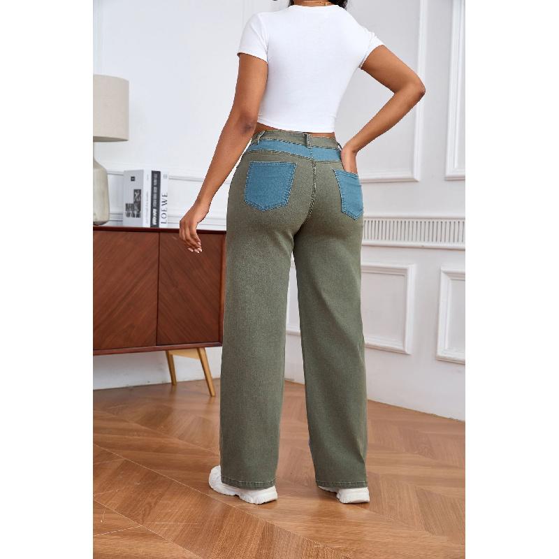Patchwork Design Wide-Leg Jeans for Women 2026 New Slim-Fit Slimming Color-Block Long Pants