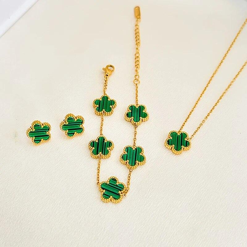 Conjunto de joias de flores de aço inoxidável, presentes de Natal, colar de pingente de moda moderna de luxo, brincos, pulseira, joias para mulheres