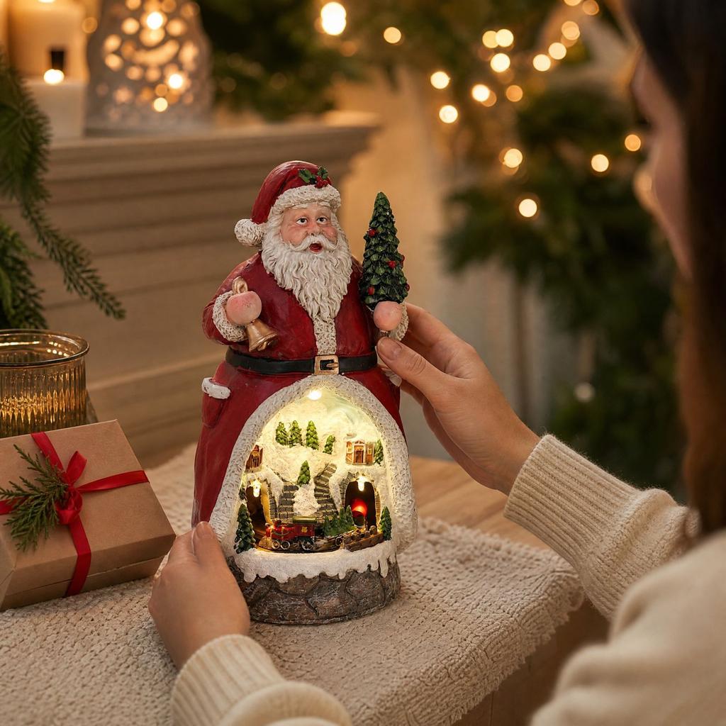 Christmas Resin Music Box Ornament with Glowing Light for Holiday Table Decor