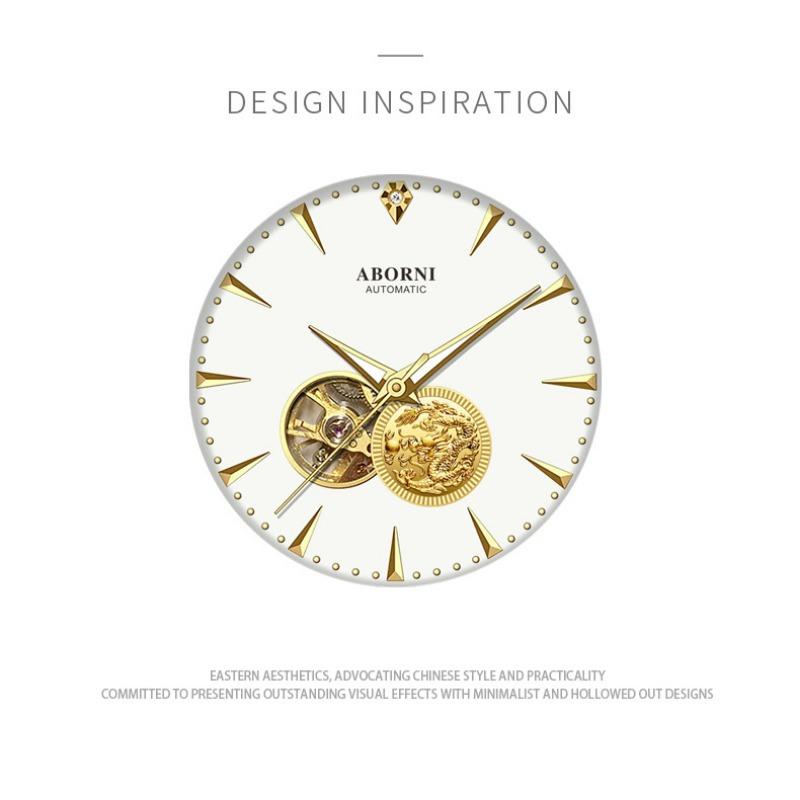 ABORNI Automatic Mechanical Watch Skeleton Gold Dragon Waterproof Luminous Diamonds Men's Watch