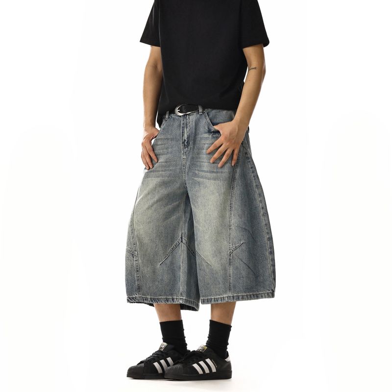 

American vintage Washed Deconstruction Machete Denim Cropped Pants Men s and Women s Street Versatile Loose Wide Leg Shorts Middle Pants Fashion Light Blue 2XL