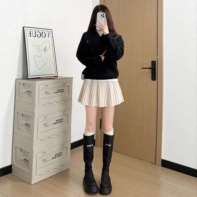 2026 New Petite Women's Grey Woolen A-line Pleated Short Skirt - Fluffy & Slimming Spring Style