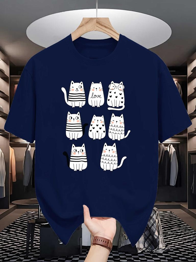 Unisex Crew Neck Tee Cute Doodle Cats Cartoon Art Graphic Print Soft Cotton Loose Short Sleeve Summer Casual Male Streetwear Tops