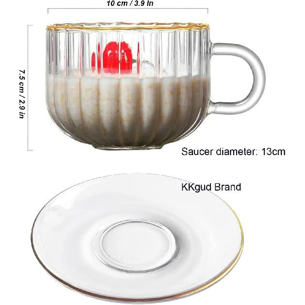 Pumpkin Shaped Glass Coffee Mug with Saucer and Spoon, 14.5oz Glass Teacup with Gold Rim