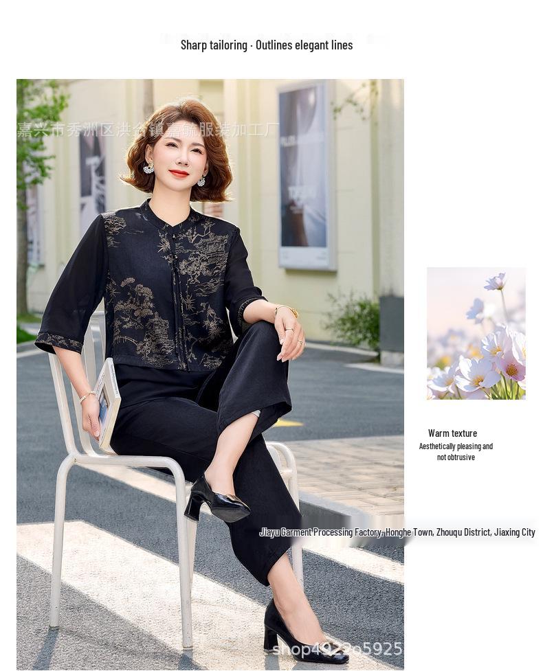 Elegant Summer Chiffon Top & Wide-Leg Pants Set for Moms and Seniors